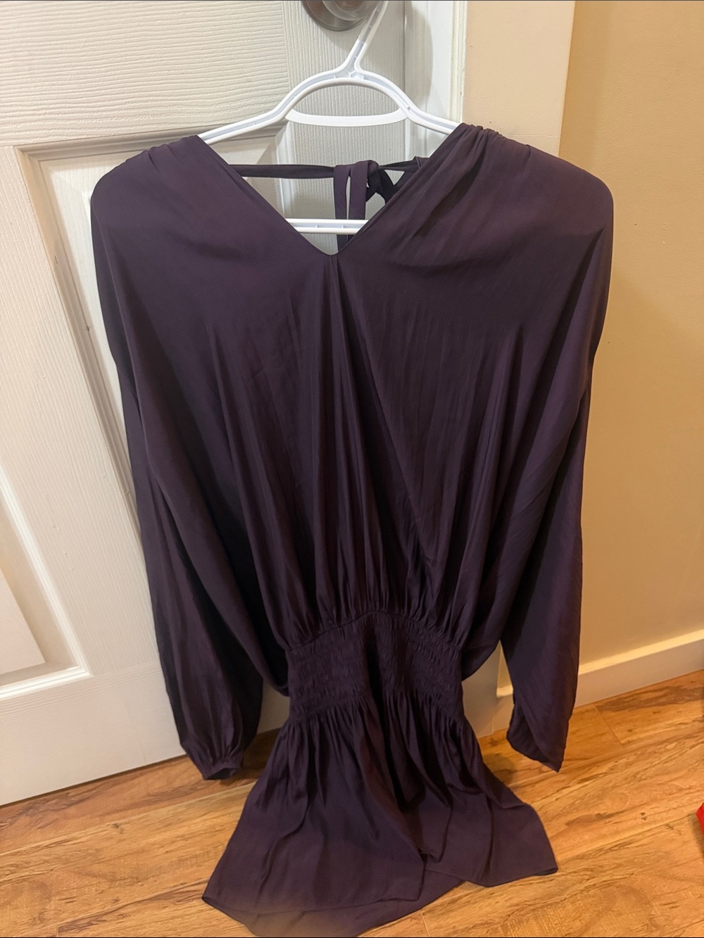 Ramy Brook Plum Long-Sleeve V-Neck Smocked-Waist Dress